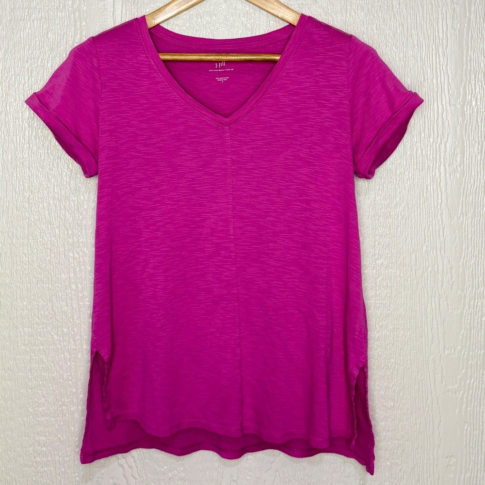 J. Jill Pima Short Sleeve V-Neck Tee Magenta Pink Slub Cotton Top Small